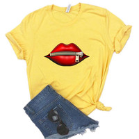 Moda damska Casual cekiny czerwona warga T-Shirt t-shirty 2020 Vintage kreatywność zipper usta T-Shirt,drop ship 3